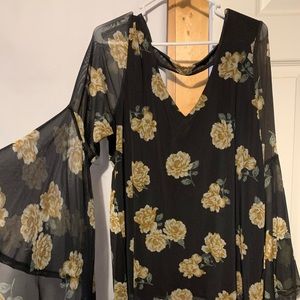 Floral mesh bell sleeve top